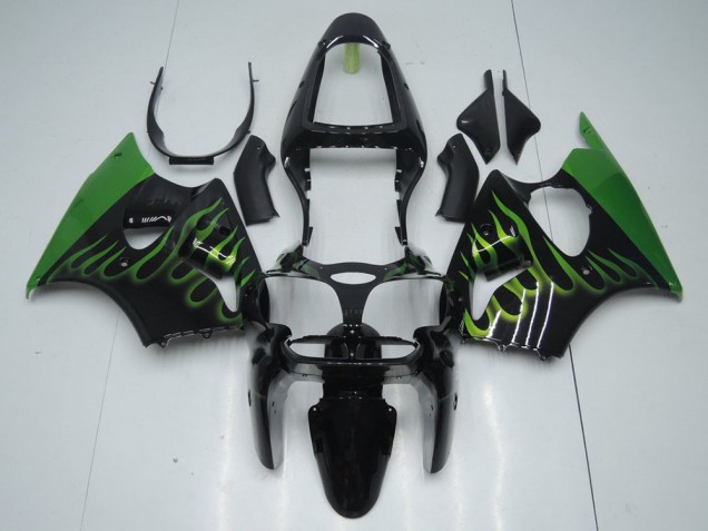 Negro con Verde Llama Carenado Moto Kawasaki ZX6R 00-02 Negro con Verde Llama Carenado Moto Kawasaki ZX6R 00-02